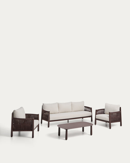 Ensemble Aleria : canapé 3 places, 2 fauteuils et table basse en aluminium et corde synthétique marron