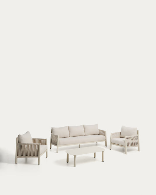 Ensemble Aleria avec canapé 3 places, 2 fauteuils et table basse en aluminium et corde synthétique écru
