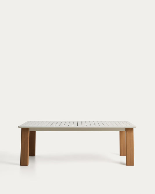 Table extensible Livorno en aluminium couleur écrue et pieds effet bois 233(350) x 100 cm