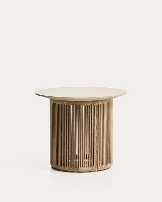 Table d’appoint d’extérieur Orosei en pierre frittée, aluminium et corde écrue Ø 55 cm