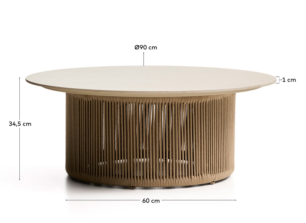 Table basse d’extérieur Orosei en pierre frittée, aluminium couleur écru et corde beige Ø 90 cm