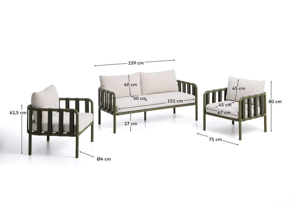 Ensemble Omala composé d’un canapé 2 places et 2 fauteuils en corde et aluminium vert