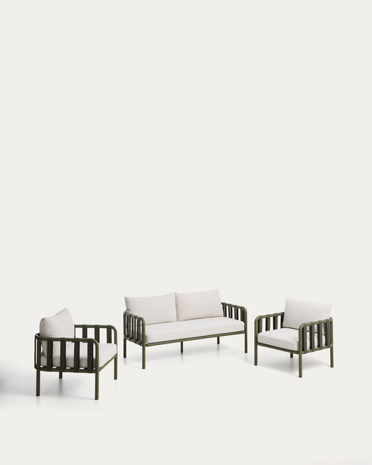Ensemble Omala composé d’un canapé 2 places et 2 fauteuils en corde et aluminium vert