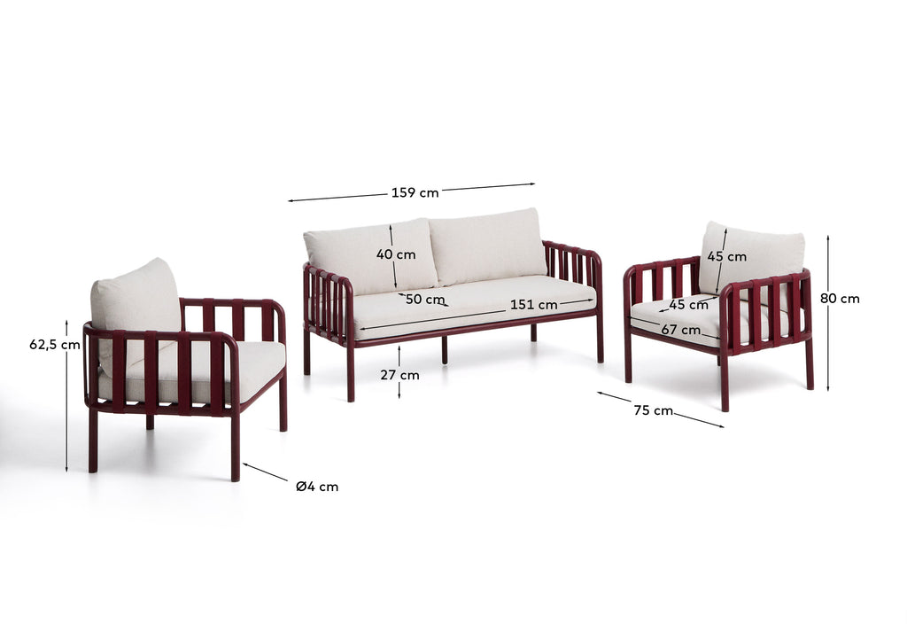 Ensemble Omala composé d’un canapé 2 places et 2 fauteuils en corde et aluminium bordeaux