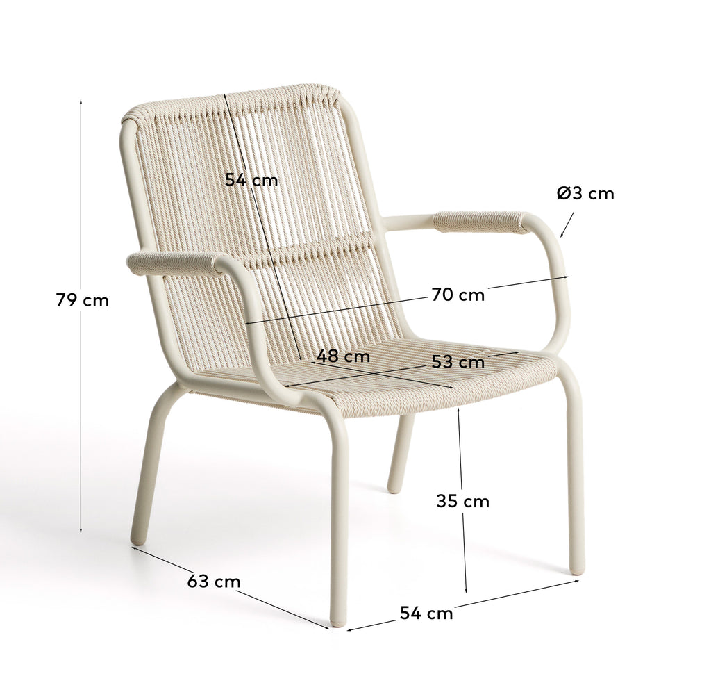 Fauteuil empilable Salis en aluminium écru et corde synthétique écrue