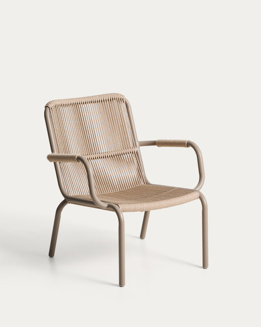 Fauteuil empilable Salis en aluminium taupe et corde synthétique beige