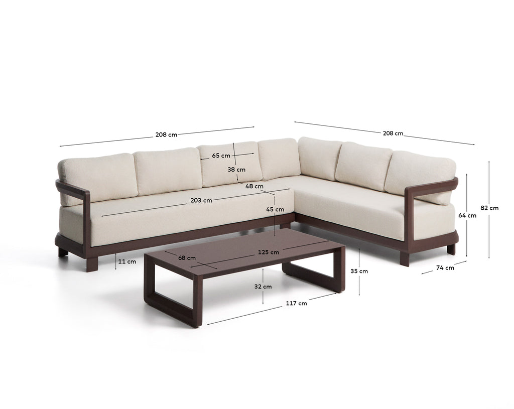 Set Nerano avec canapé d’angle 5 places et table basse en verre trempé et aluminium marron