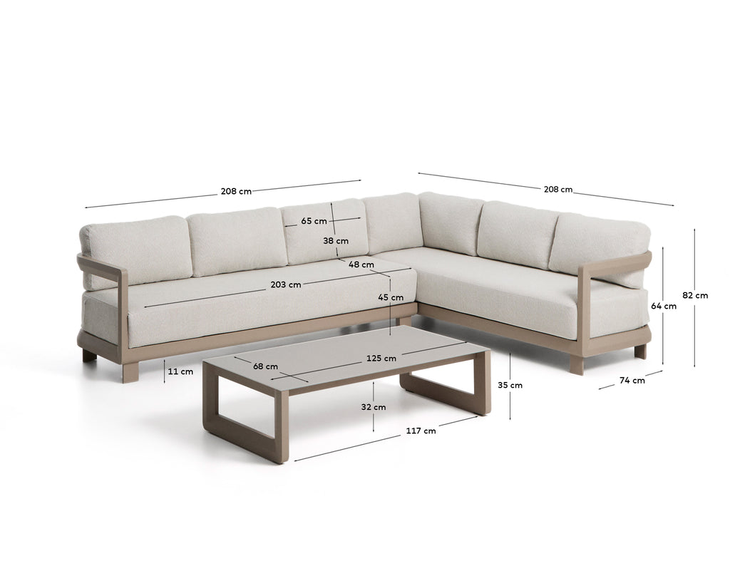 Set Nerano avec canapé d’angle 5 places et table basse en verre trempé et aluminium taupe
