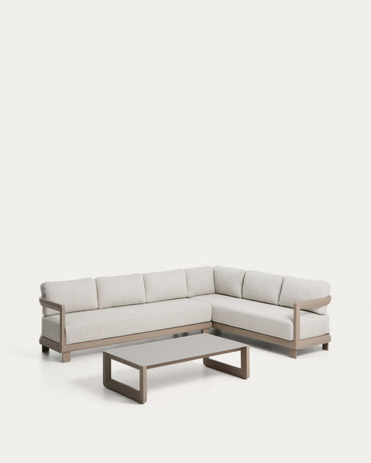 Set Nerano avec canapé d’angle 5 places et table basse en verre trempé et aluminium taupe