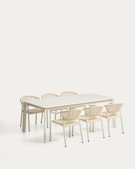 Ensemble table extensible Brela en aluminium et 6 chaises empilables Livadia en aluminium et corde synthétique écrue 205 (287) x 100 cm
