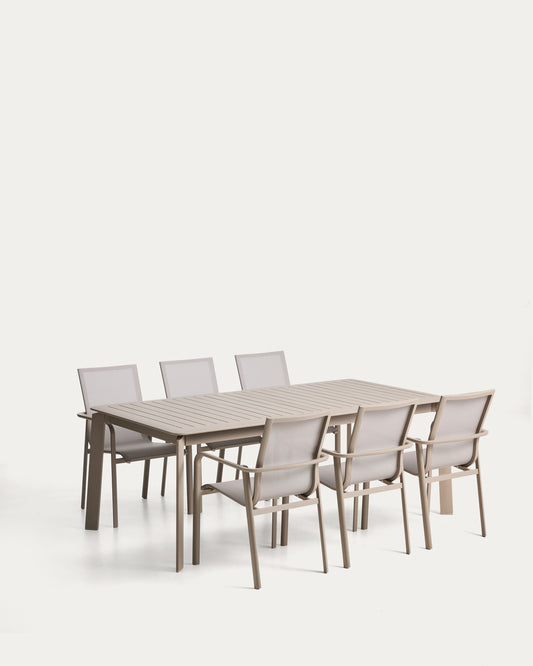 Ensemble table extensible Brela en aluminium taupe et 6 chaises empilables Canea en aluminium taupe et texteline beige 205(287)x100 cm