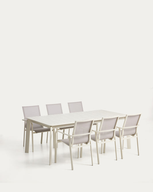 Ensemble table extensible Brela en aluminium écru et 6 chaises empilables Canea en aluminium écru et texteline beige 205(287)x100 cm