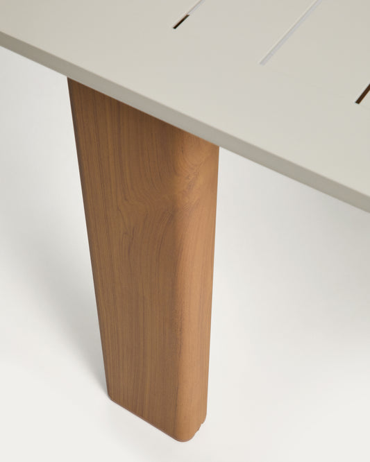 Ensemble table extensible Livorno aluminium beige et pieds effet bois et 6 chaises empilables Linosa aluminium écru avec coussin beige 233(350)x100 cm