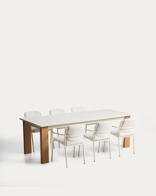 Ensemble table extensible Livorno aluminium beige et pieds effet bois et 6 chaises empilables Linosa aluminium écru avec coussin beige 233(350)x100 cm