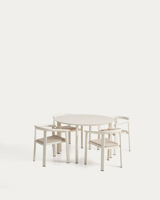 Ensemble Erice de 4 chaises empilables en aluminium et corde et d’une table en aluminium et verre trempé écru Ø 120 cm