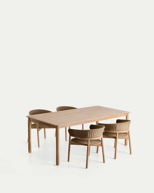 Ensemble table Sori en bois d’acacia et 4 chaises Arinella en bois d’acacia et corde beige 200 x 100 cm FSC 100 %