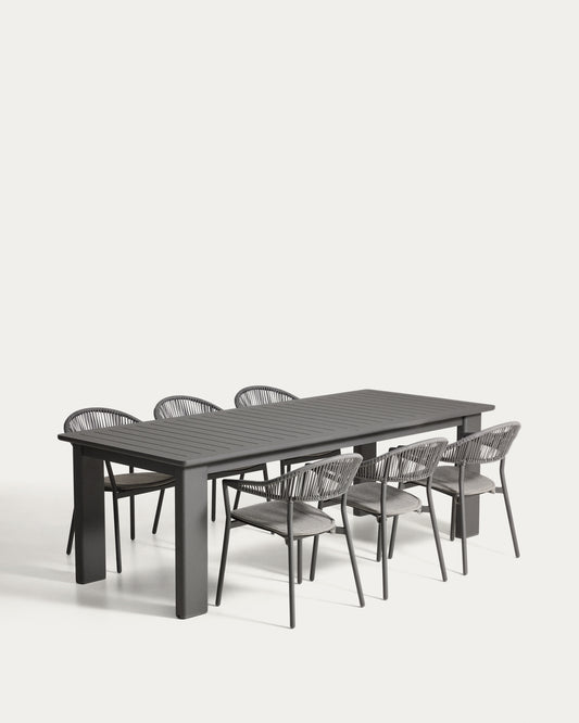 Ensemble table extensible Livorno en aluminium graphite 233 (350) x 100 cm et 6 chaises Alimia en aluminium graphite et corde synthétique grise