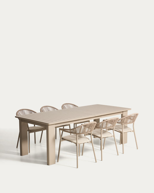 Ensemble table extensible Livorno en aluminium taupe 233 (350) x 100 cm et 6 chaises Alimia en aluminium taupe et corde synthétique marron