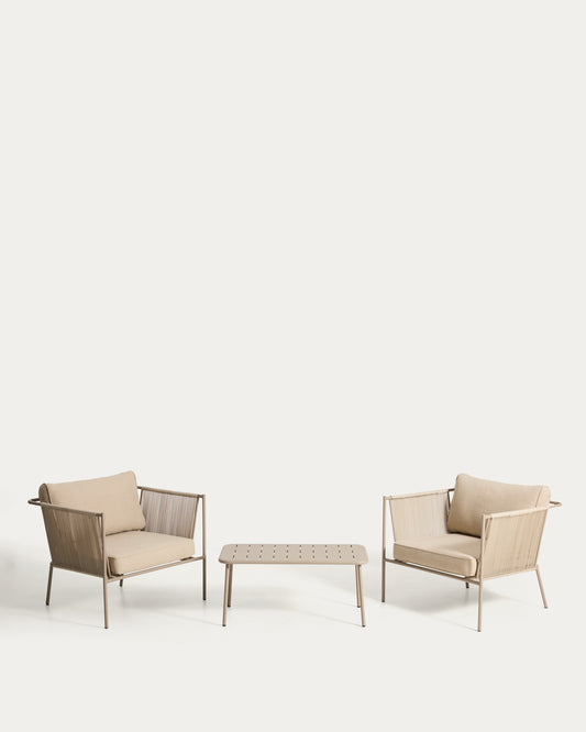 Ensemble Zivia avec 2 fauteuils en corde écrue et acier galvanisé taupe et table en acier galvanisé taupe 90 x 50 cm