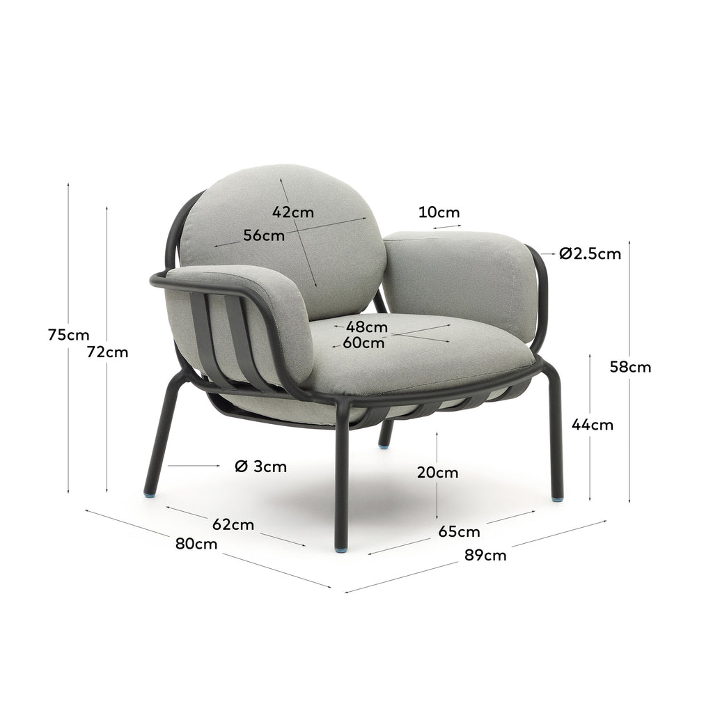Fauteuil d’extérieur Joncols en aluminium avec finition peinte grise et coussins gris