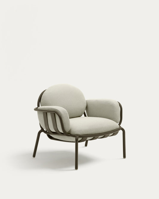 Fauteuil d’extérieur Joncols en aluminium avec finition peinte verte et coussins beiges