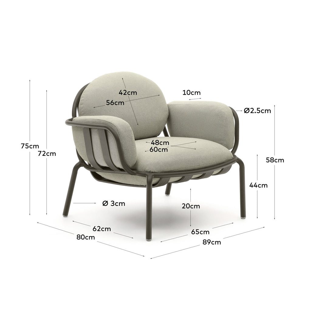 Fauteuil d’extérieur Joncols en aluminium avec finition peinte grise et coussins beiges