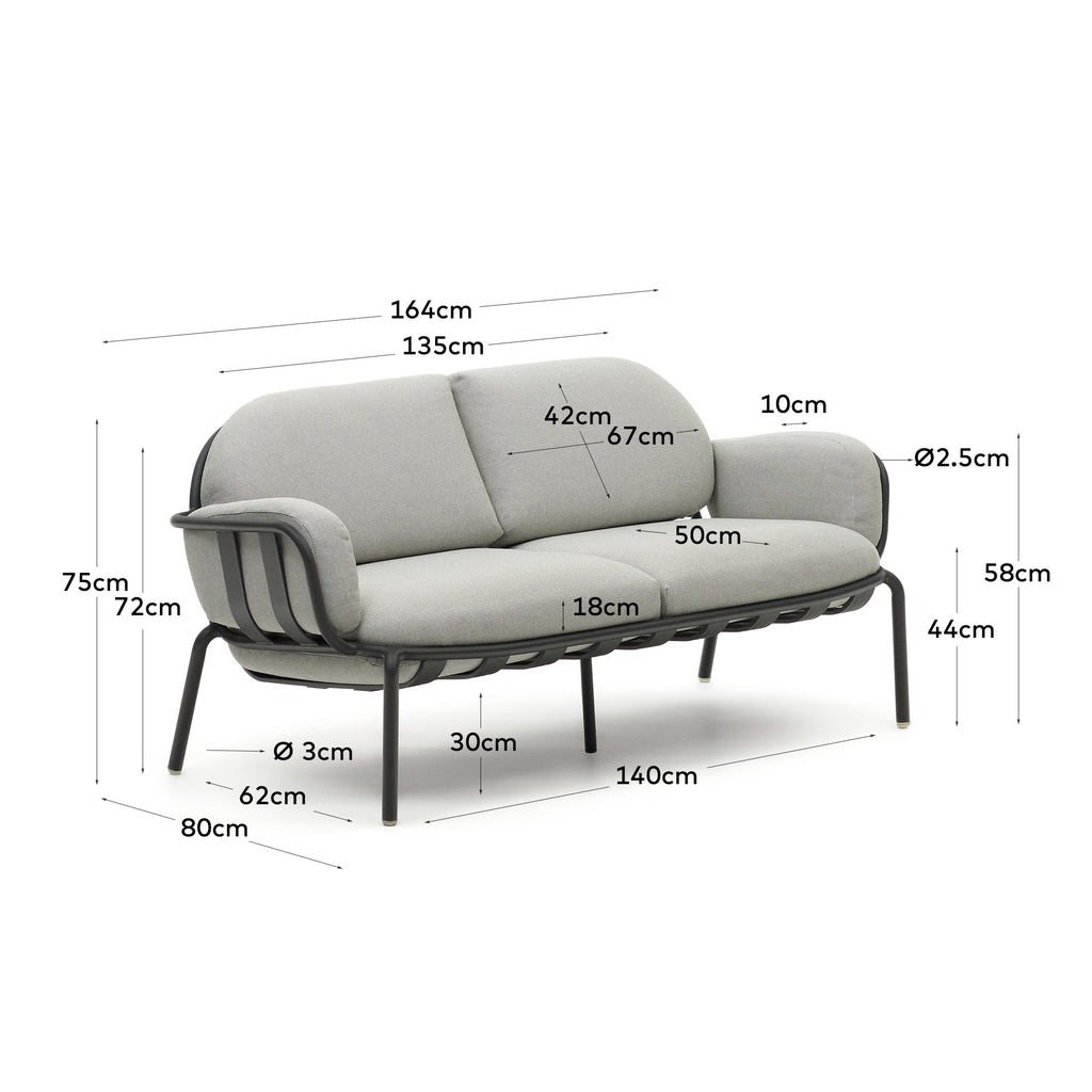 Canapé d’extérieur Joncols 2 places en aluminium avec finition peinte grise et coussins gris 164 cm