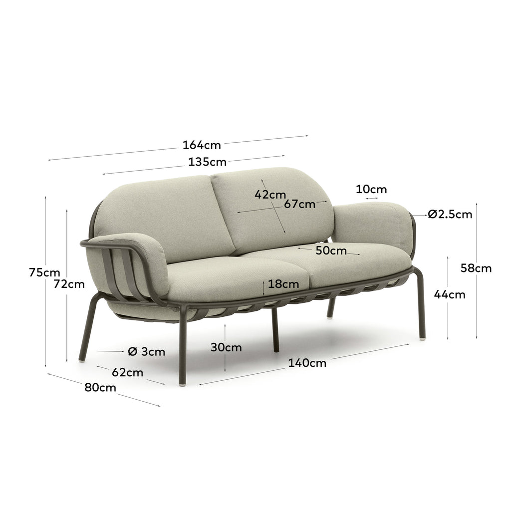Canapé d’extérieur Joncols 2 places en aluminium avec finition peinte verte et coussins beiges 164 cm