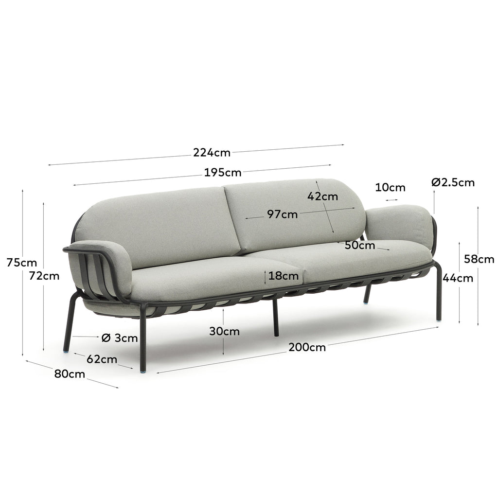 Canapé de jardin 3 places Joncols en aluminium finition peinture grise 224 cm