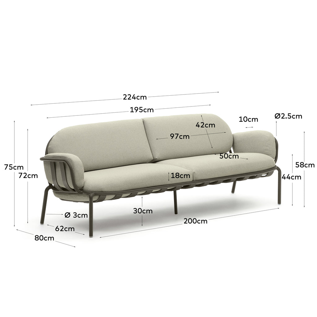 Canapé d’extérieur Joncols 3 places en aluminium avec finition peinte verte et coussins beiges 224 cm