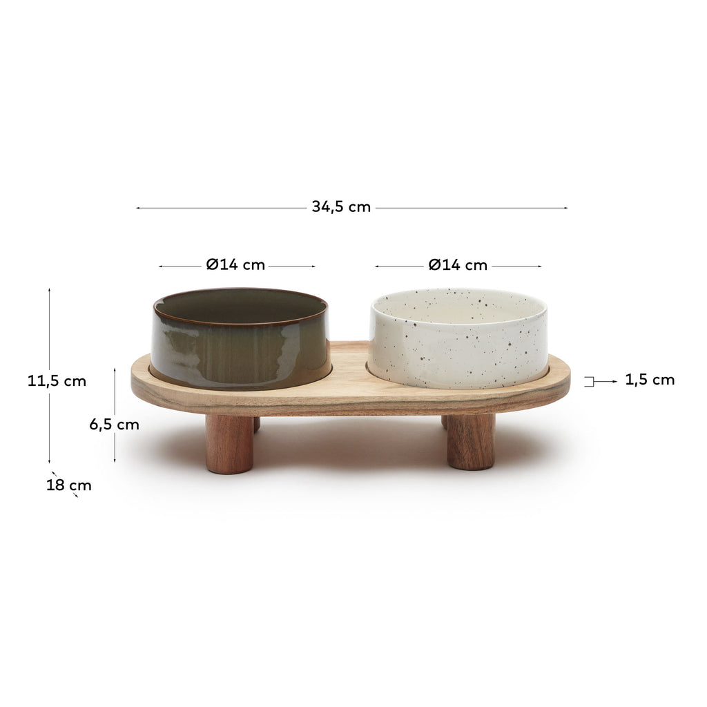 Lot de 2 gamelles pour chat ou chien avec support Dumbi blanc et marron Ø 14 cm FSC 100%