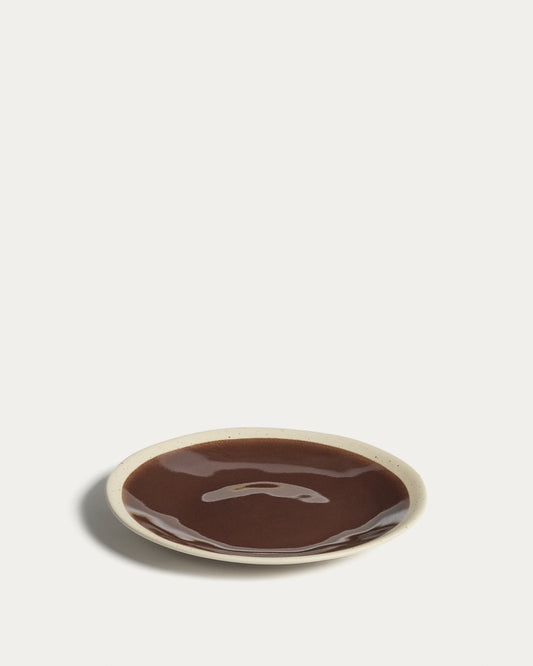 Assiette à dessert Nale en céramique beige avec fond marron