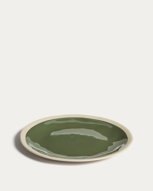 Assiette plate Nale en céramique beige avec fond vert