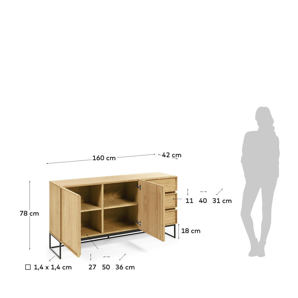 Buffet Taiana 2 portes et 3 tiroirs placage de chêne structure en acier noir 160 x 78 cm