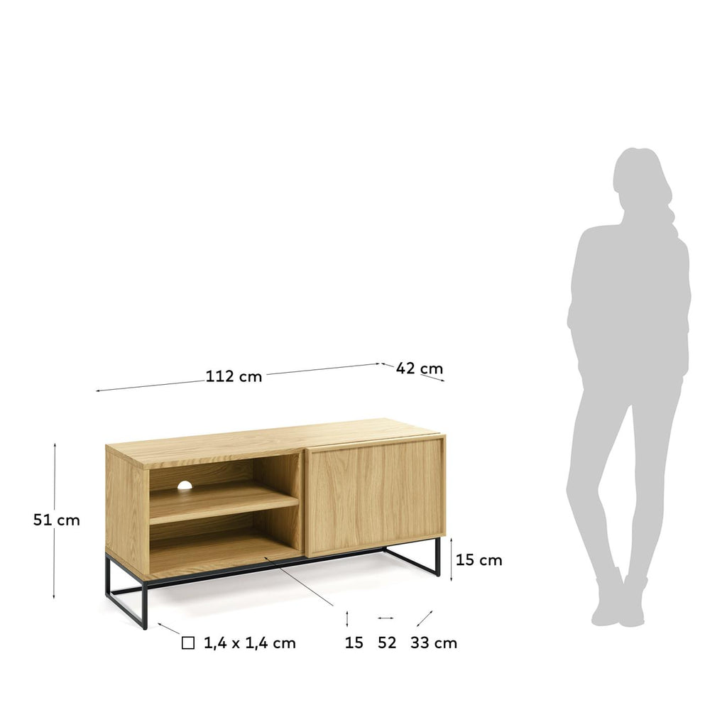 Meuble TV Taiana 1 porte placage de chêne et structure en acier finition noire 112 x 51 cm