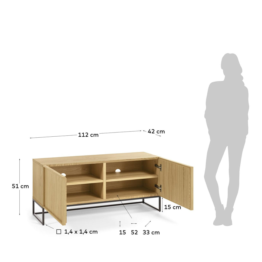 Meuble TV Taiana 2 portes placage de chêne et structure en acier noir 112 x 51 cm