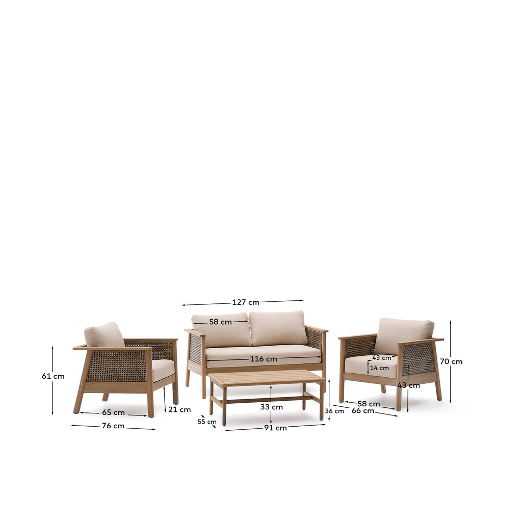 Ensemble Alabe composé d’un canapé 2 places, de 2 fauteuils et d’une table basse en bois d’acacia FSC 100 %