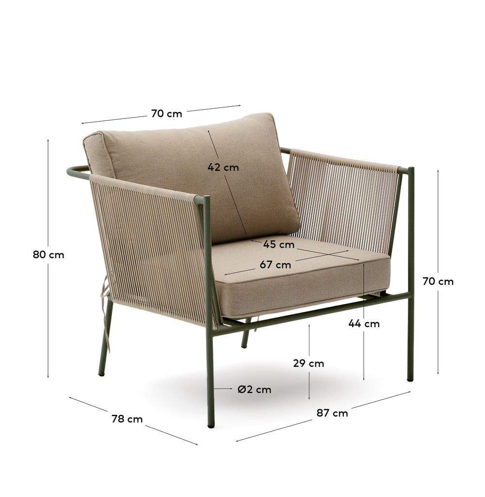 Fauteuil d’extérieur Zivia en corde écrue et acier galvanisé vert