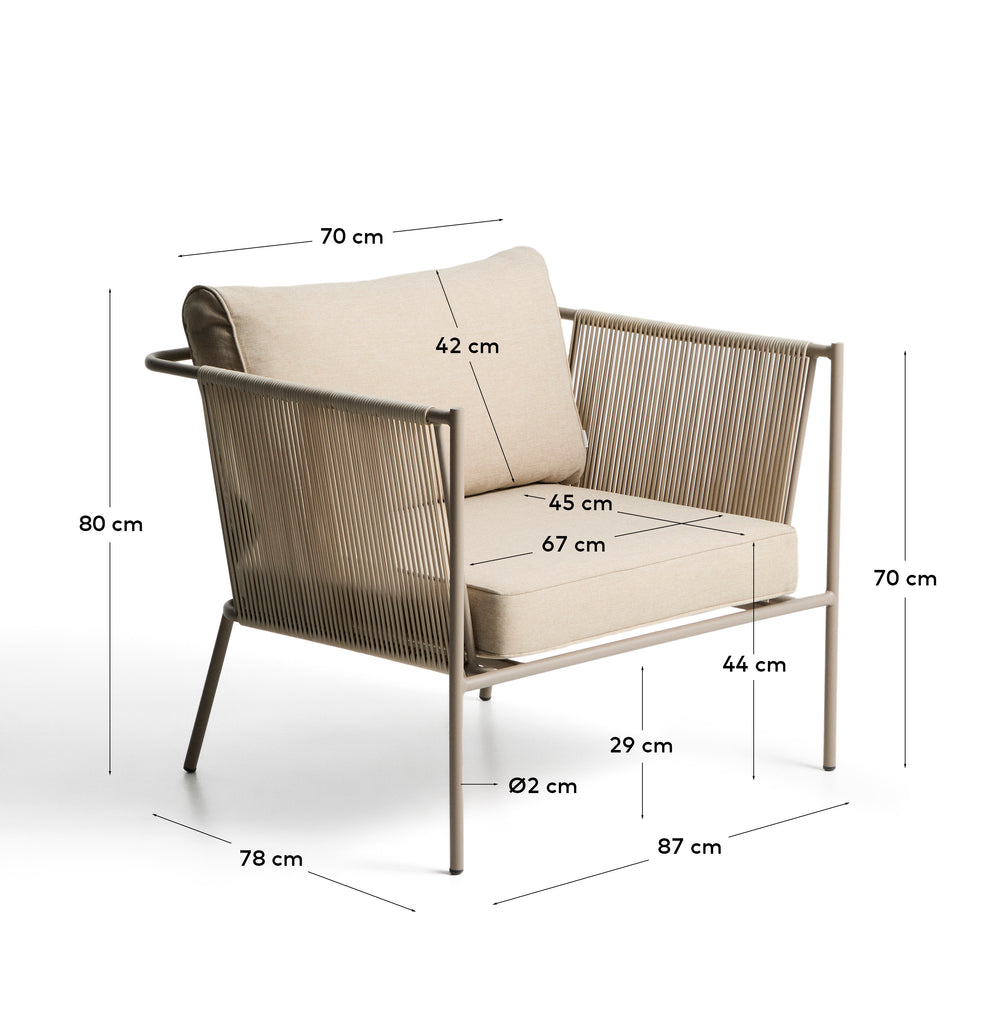 Fauteuil d’extérieur Zivia en corde écrue et acier galvanisé taupe