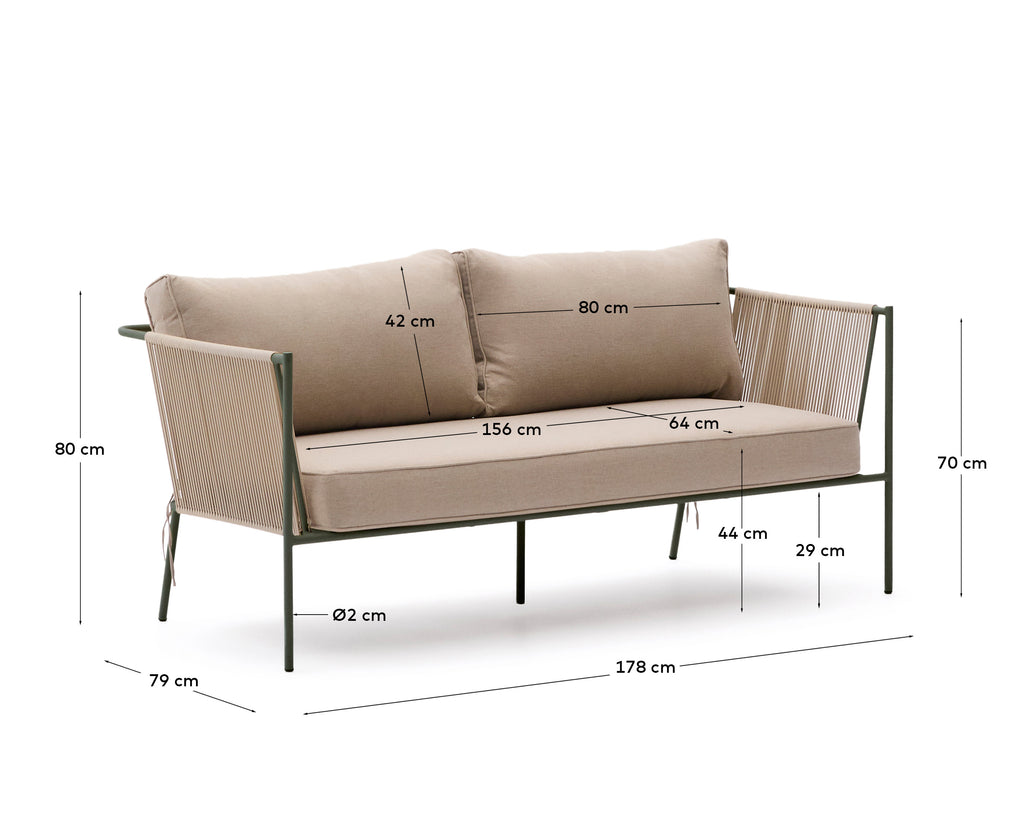 Canapé 2 places d’extérieur Zivia en corde écrue et acier galvanisé vert 178 cm
