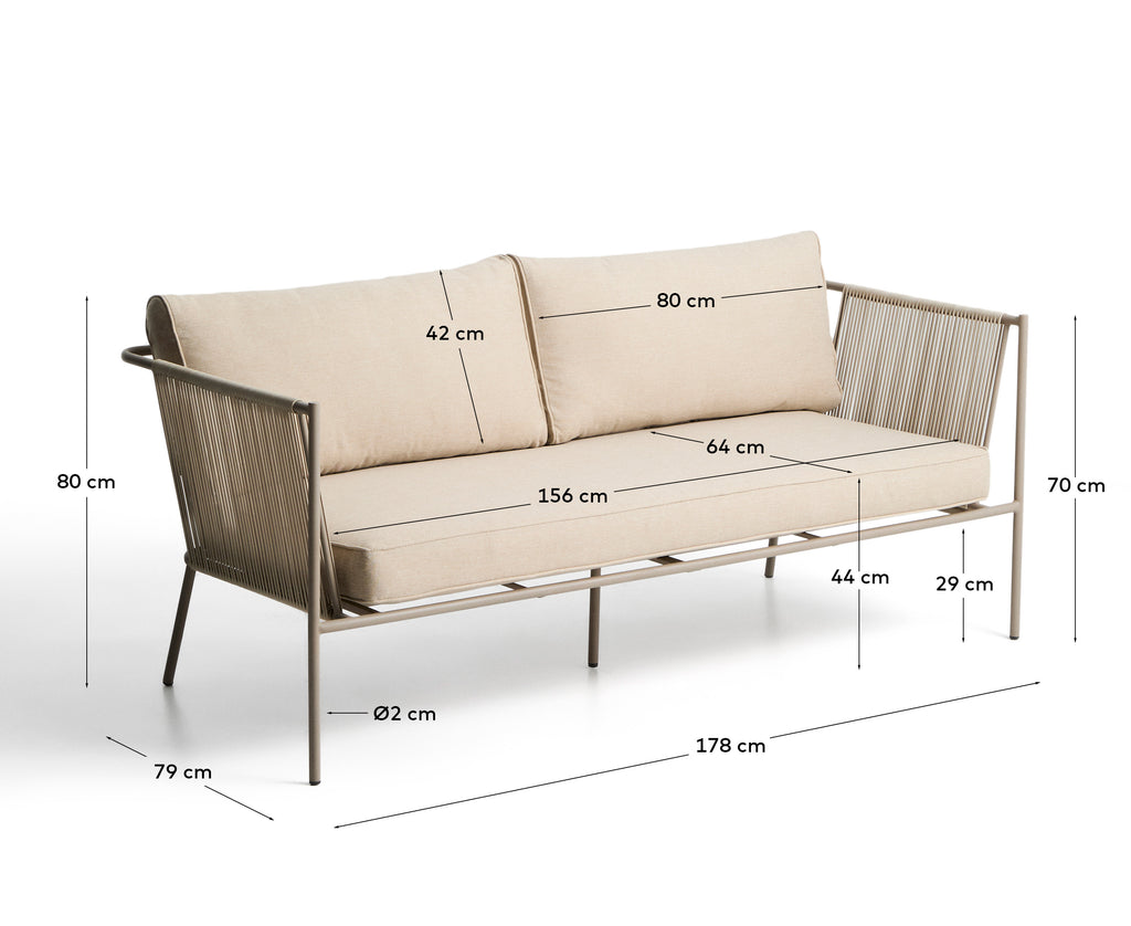 Canapé 2 places d’extérieur Zivia en corde écrue et acier galvanisé taupe 178 cm