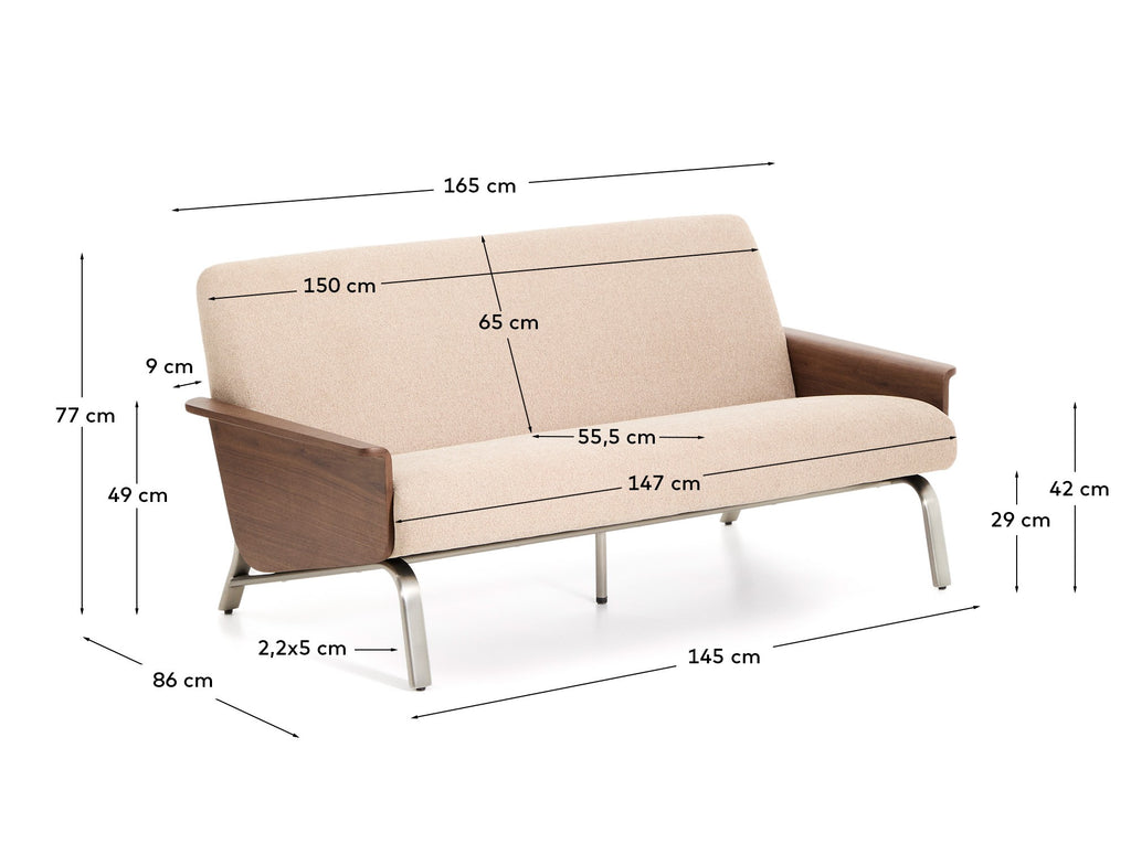 Canapé Amsen marron clair de 2 places en contreplaqué de noyer avec pieds en acier inoxydable brossé 165 cm