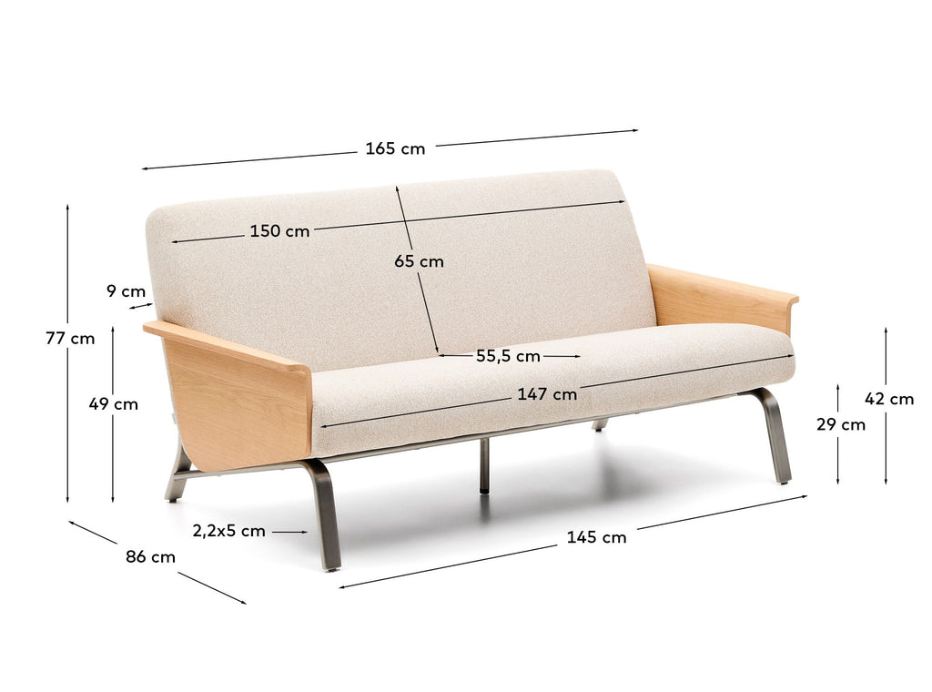 Canapé Amsen beige de 2 places en contreplaqué de chêne avec pieds en acier inoxydable brossé 165 cm