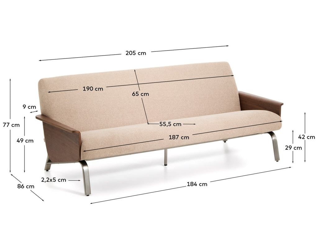 Canapé Amsen marron clair de 3 places en contreplaqué de noyer avec pieds en acier inoxydable brossé 205 cm