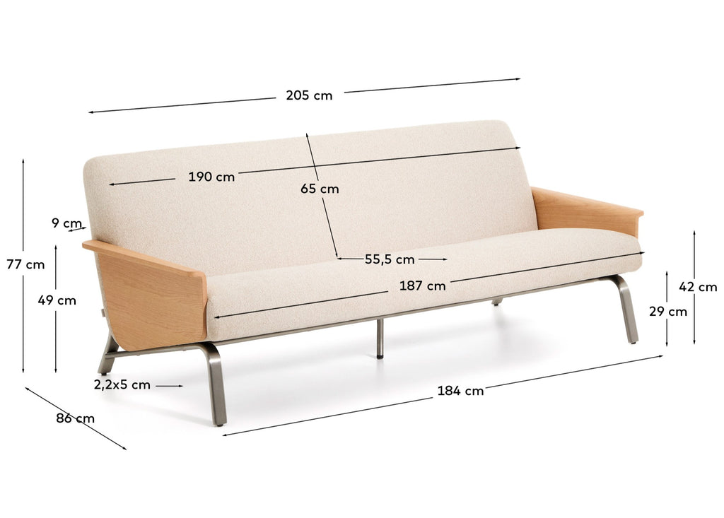 Canapé Amsen en chenille beige de 3 places en contreplaqué de chêne avec pieds en acier inoxydable brossé 205 cm