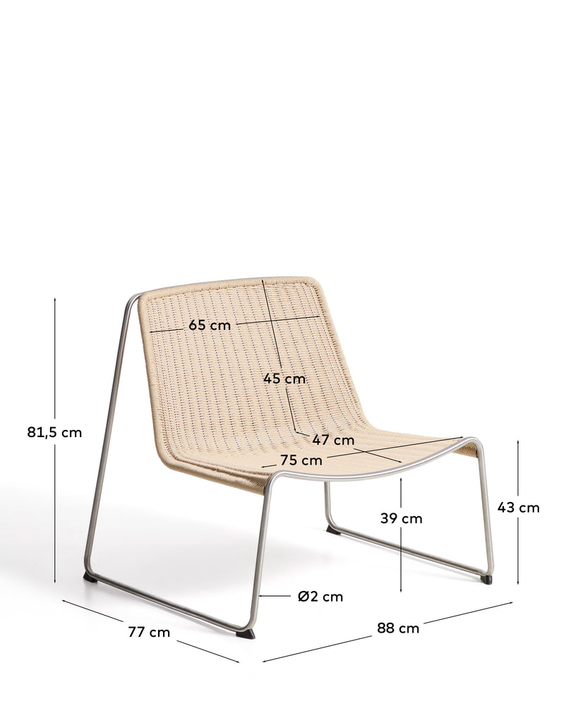 Fauteuil empilable Tavari en corde synthétique beige et acier inoxydable AISI 304 effet brossé
