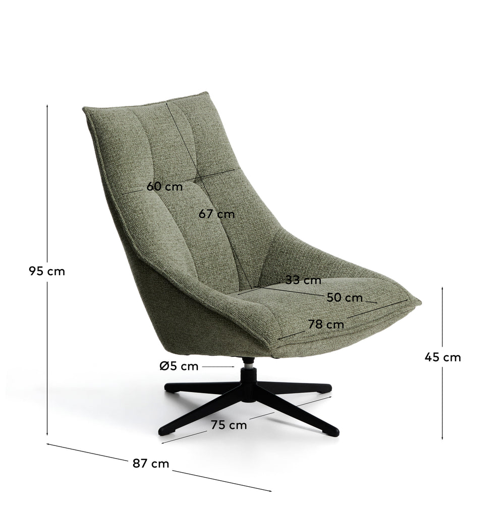 Fauteuil pivotant Dirala en chenille verte et acier avec finition noire FSC 100 %