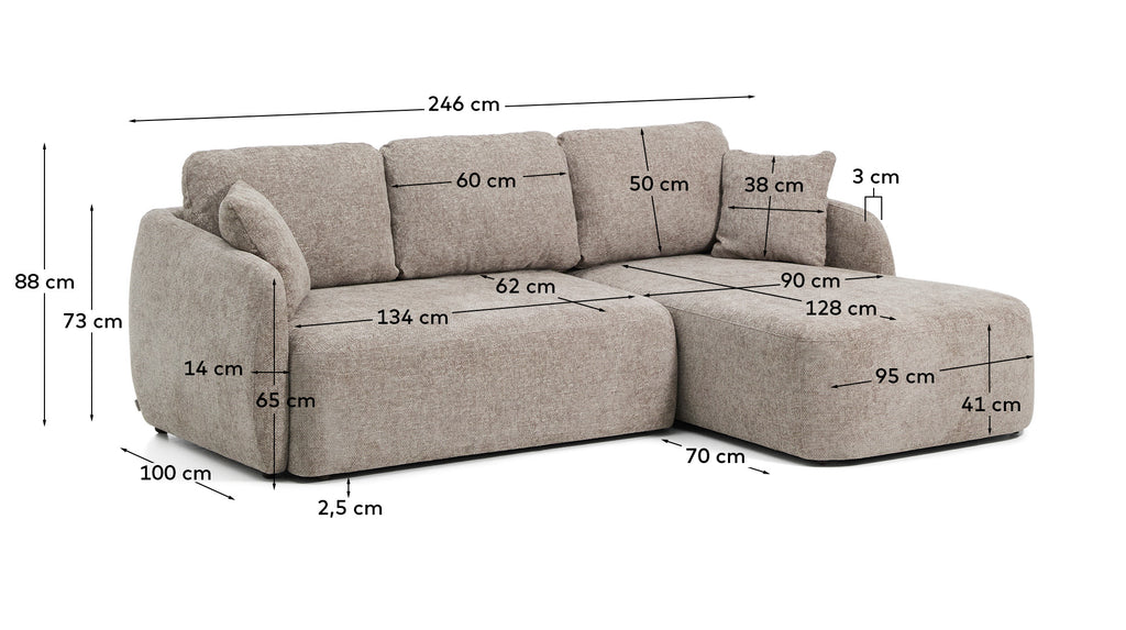 Canapé-lit Laira 3 places en chenille avec méridienne droite taupe 246 cm FSC Mix Credit