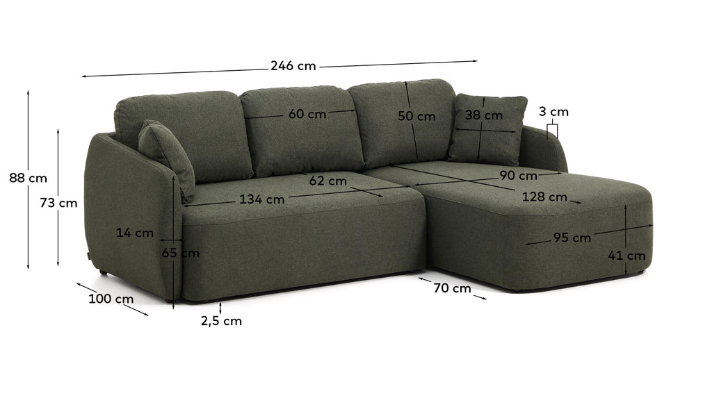 Canapé-lit Laira 3 places en chenille avec méridienne droite vert foncé 246 cm FSC Mix Credit