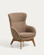 Fauteuil Adiran en chenille épaisse marron clair avec pieds en bois de chêne finition naturelle